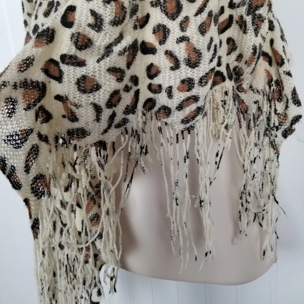 Scarf Animal Print Twisted Stretch Textured Ruffle Long Fringe Lightweight Cream
